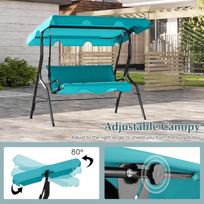 RELAX4LIFE 3-Person Porch Swing Chair - Outdoor Swing w/Adjustable Canopy, Removable Cushion & Metal Frame Stand - Photo 4