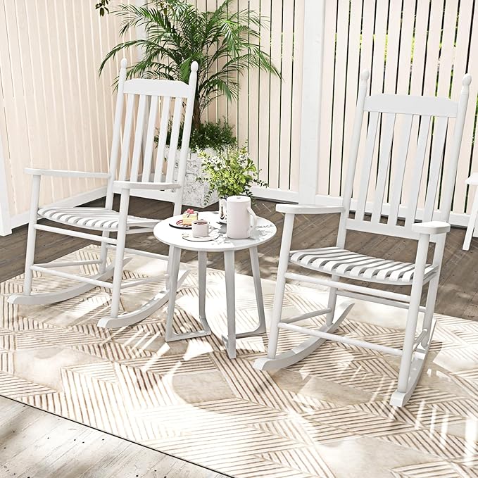 Giantex Outdoor Rocking Chair, All Weather Patio Rocker w/Solid Rocking Base & High-Back, Slatted Seat & Back, Acacia Wood Porch Rocker, Wooden Patio Rocking Chair for Backyard, Poolside