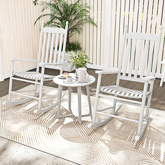 Giantex Outdoor Rocking Chair Set of 2, All Weather Patio Rocker w/Solid Rocking Base & High-Back, Slatted Seat & Back, Acacia Wood Porch Rocker, Wooden Patio Rocking Chair for Backyard, White