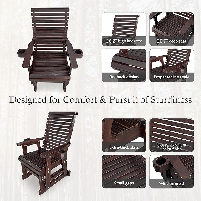 Fortune Candy Wooden Patio Glider for One Person, with High Backrest and Deep Contoured Seat, Solid Fir Wood - Photo 5