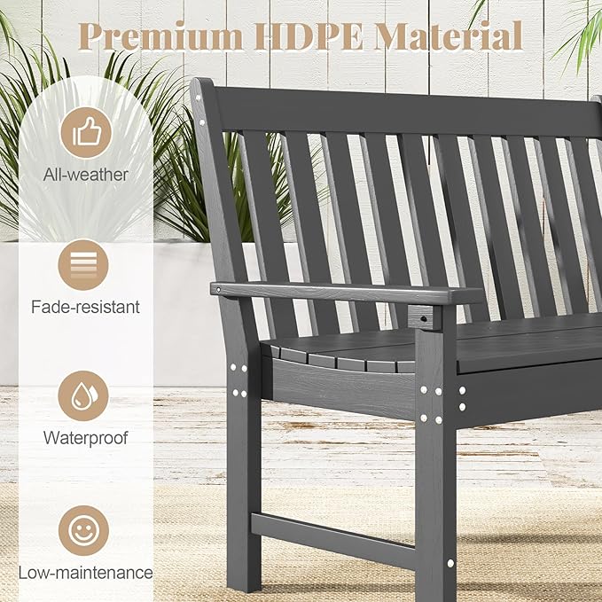 RELAX4LIFE 2-Person Patio Outdoor Bench - 52’’ All-Weather HDPE Garden Bench with Armrests & Slatted Backrest, Patio Bench for Front Porch Park Poolside Backyard, 705 LBS Weight Capacity (Grey)