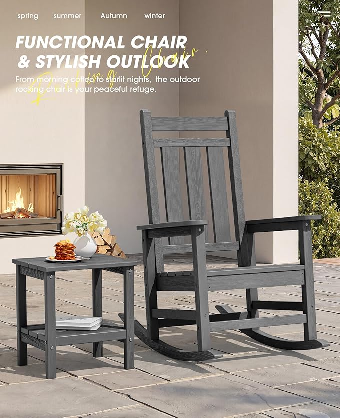KINGYES Oversized Outdoor Rocking Chair, All-Weather Patio Rocking Chairs for Porch, HDPE Outdoor Patio Rockers with High Back & Wide Seat for Garden, Lawn, Gray