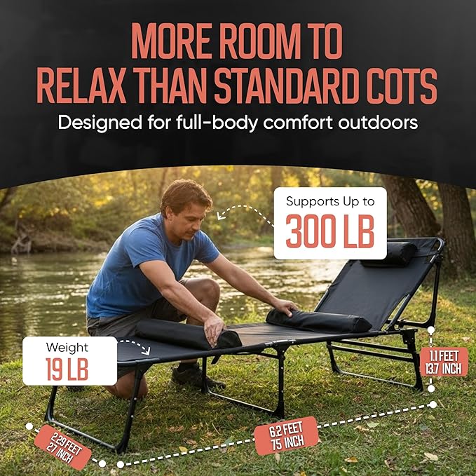 Outdoor Lounge Chair | Extra Large Portable cot incl Leg Raising adjustability | Easy Setup & Takedown | Supports Adults up to 300 lb | Ideal for Camping Patio, Balcony, Beach & More