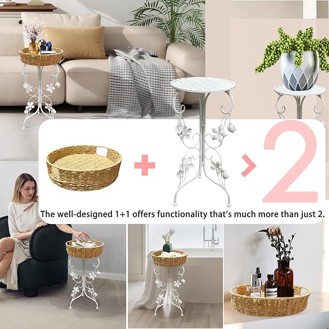 Outdoor Metal Patio Folding Side Table with Removable Wicker Tray, Boho Woven Rattan Plant Stand - Photo 3