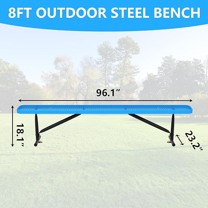 8FT Outdoor Bench, Metal Park Bench for Sitting Area Convert a Bench Heavy-Duty School Benches Commercial Rectangular Bench for Patio Porch Backyard Sports Church Locker Room Shopping Centers