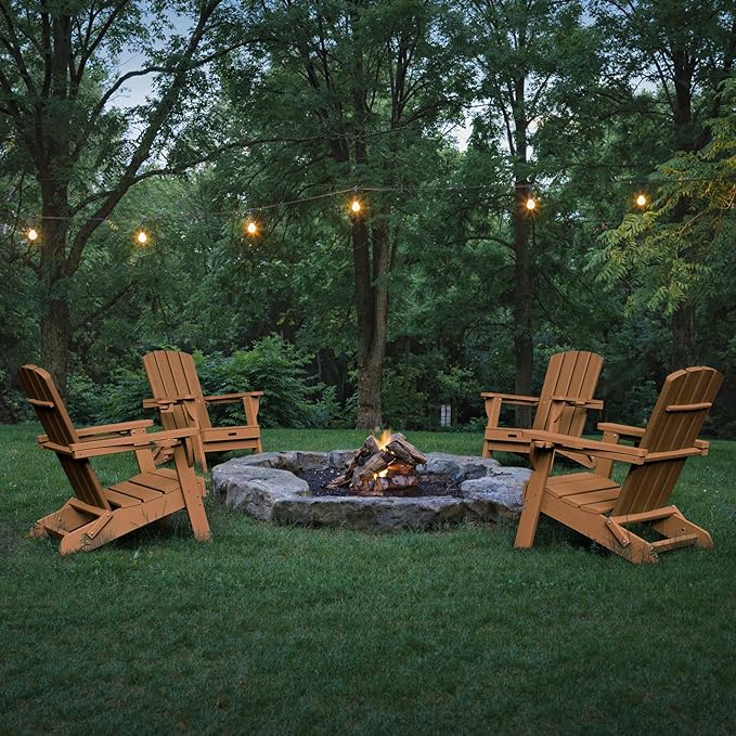 Folding Adirondack Chair 2 Pack, HDPE All-Weather Fire Pit Chairs, Plastic Adirondack Chairs with 2 Cup Holder, Outdoor Lawn Chair for Patio Garden (Teak)
