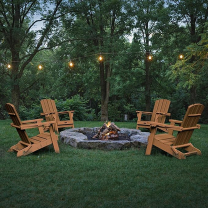 Folding Adirondack Chair 2 Pack, HDPE All-Weather Fire Pit Chairs, Plastic Adirondack Chairs with 2 Cup Holder, Outdoor Lawn Chair for Patio Garden (Teak)