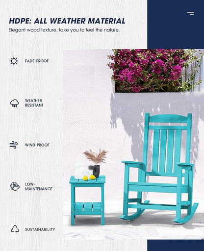 KINGYES HDPE Outdoor Rocking Chair Set of 4, All-Weather Poly Patio Rocking Chairs with 330lbs Support for Adults, Aruba Blue