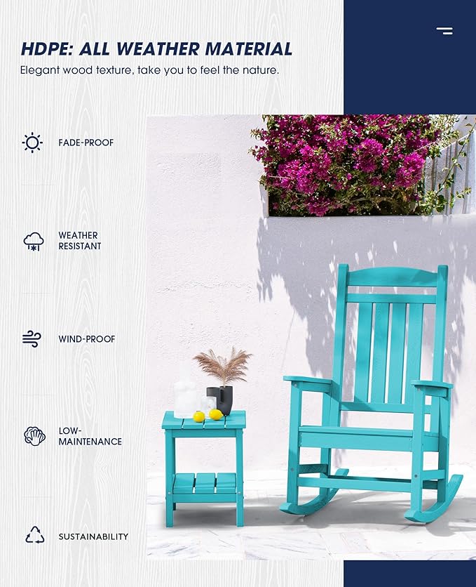 KINGYES Outdoor Rocking Chair Set of 2, HDPE Patio Rocking Chairs with 330lbs Support for Adults, Aruba Blue