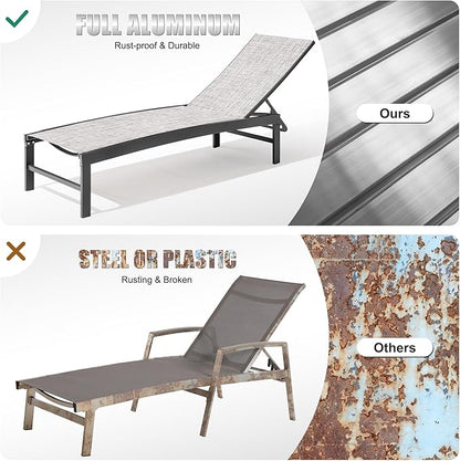 Crestlive Products Aluminum Adjustable Chaise Lounge Chair Outdoor Five-Position Recliner, Curved Design, All Weather for Patio, Beach, Yard, Pool (2 PCS Light Gray)