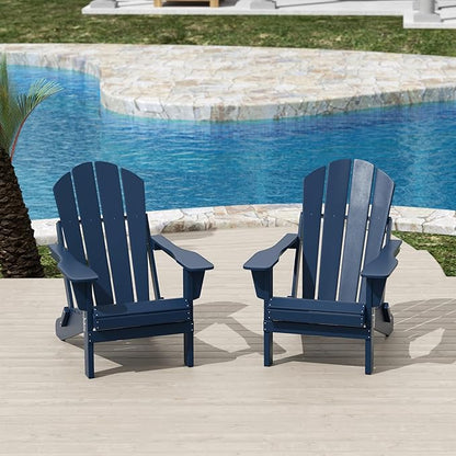 Costaelm Folding Patio Chairs Set of 2, Hdpe Adirondack Chairs Front Porch Furniture Outdoor Seating, All Weather Tanning Chair for Backyard Firepit Garden Lawn, Navy Blue