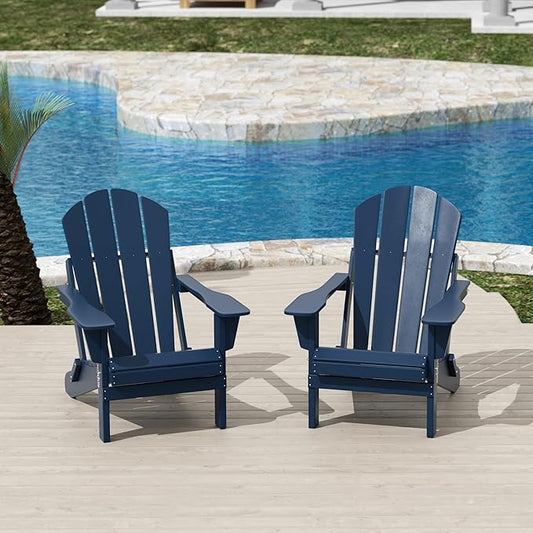 Costaelm Folding Patio Chairs Set of 2, Hdpe Adirondack Chairs Front Porch Furniture Outdoor Seating, All Weather Tanning Chair for Backyard Firepit Garden Lawn, Navy Blue