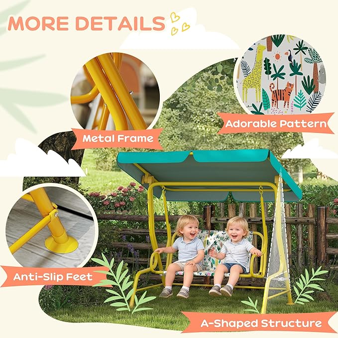 Qaba Kids Patio Swing, 2-Seater Outdoor Porch Swing Chair with Adjustable Canopy, Safety Belt - Photo 5