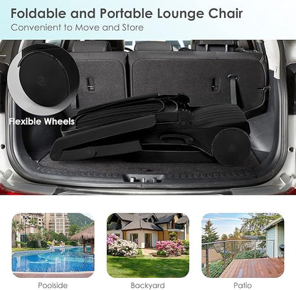 Tangkula Outdoor Chaise Lounge Chair, 5-Position Adjustable Recliner with Storage Box and Flexible Wheels, All-Weather Folding Patio Lounge Chair for Poolside, Beach and Backyard (2, Black)
