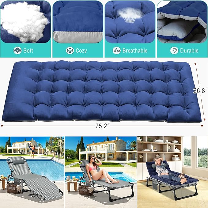 ABORON 3-in-1 Folding Patio Lounge Chair, 440LB Heavy-Duty Tri-Fold Guest Bed with Plush Cotton Cushion, No Assembly Adjustable Recliner for Office Nap, Patio Sunbathing, Poolside & Camping