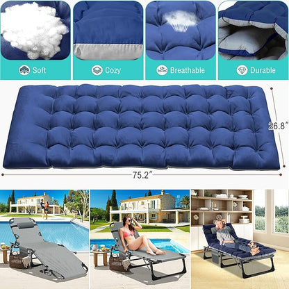 ABORON 3-in-1 Folding Patio Lounge Chair, 440LB Heavy-Duty Tri-Fold Guest Bed with Plush Cotton Cushion, No Assembly Adjustable Recliner for Office Nap, Patio Sunbathing, Poolside & Camping