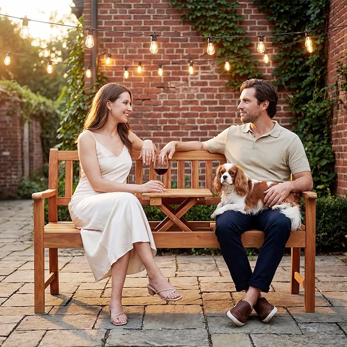 Flamaker Outdoor Bench with Pull-Up Center Table, Acacia Wood Bench Folding Loveseat for 2 Person, Weather-Resistant Patio Seating for Garden, Backyard, Porch, Poolside, Log Brown