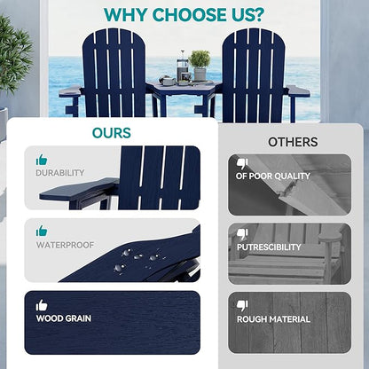 Vongrasig Adirondack Chairs Set of 2 with Removable Tabletop and Footrest, All-Weather HDPE Outdoor Chair Set with Wooden Textured, Cup Holder for Patio, Poolside, Deck, Garden, Dark Blue