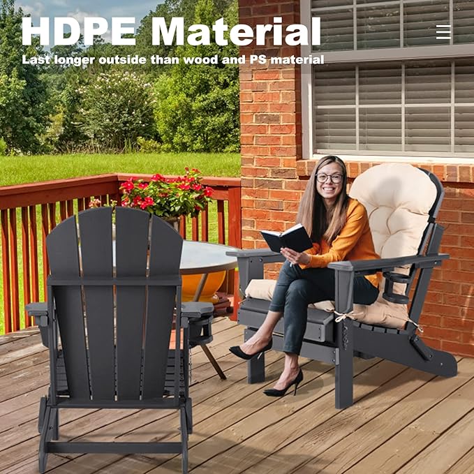 Adirondack Chairs Set of 2 with Cushions & Cup Holders, HDPE Weather Resistant Folding Adirondack Chair for Adults - Photo 8