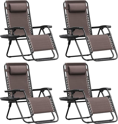Homall Zero Gravity Chair Patio Folding Lawn Outdoor Lounge Gravity Camp Reclining Lounge Chair with Cup Holder Pillows for Poolside Backyard and Beach Set of 4 (Brown)