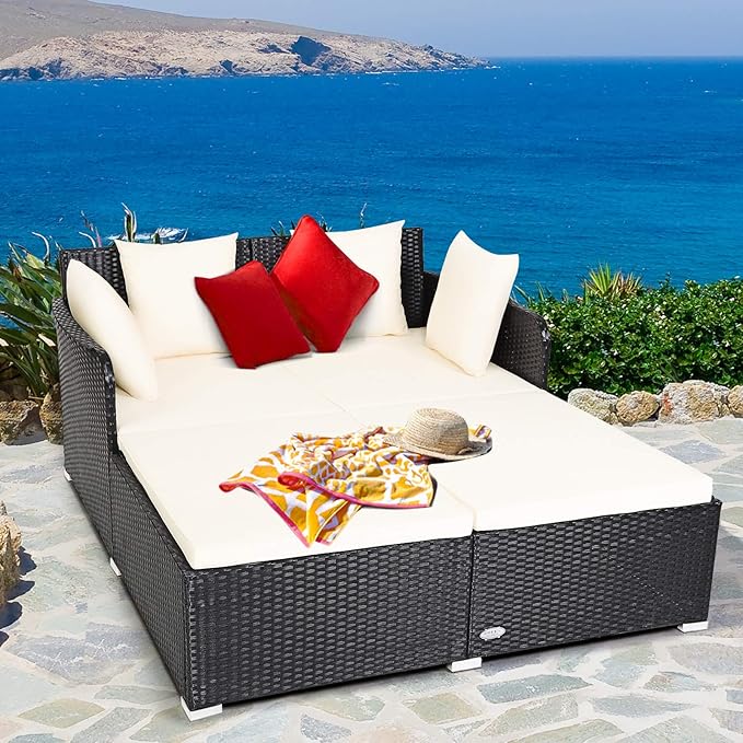 COSTWAY Outdoor Patio Rattan Daybed, Sponge Cushioned Loveseat Sofa with 4 Pillows, Wicker Furniture Sunbed for Balcony - Photo 2