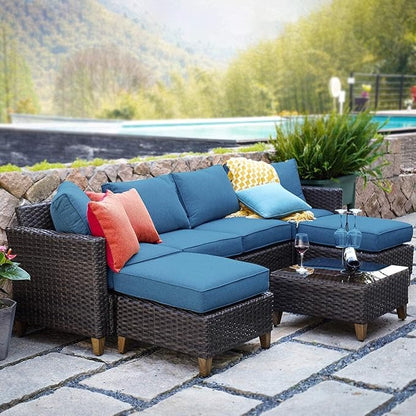 Grand patio Sofa Sets Outdoor Furniture Sets, Wicker Patio Furniture 7-Piece Sectional Sofa with Thick Cushions for Yard Garden Porch for Six (Peacock Blue Sofa Set for Six, 7 PCS)