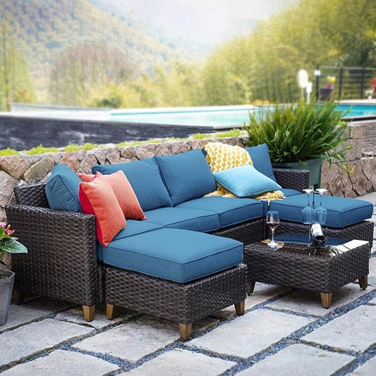 Grand patio Sofa Sets Outdoor Furniture Sets, Wicker Patio Furniture 7-Piece Sectional Sofa with Thick Cushions for Yard Garden Porch for Six (Peacock Blue Sofa Set for Six, 7 PCS)