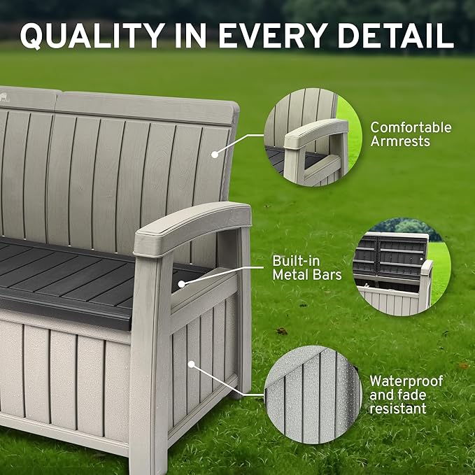 EconoHome 3 Seat Outdoor Storage Bench with Rain Cover - 90 Gallon Capacity - Weatherproof Resin Bench for Patio, Porch - Photo 5