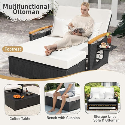 Moccha Outdoor Wicker Daybed, Patio Rattan Loveseat Sofa w/ 4-Level Adjustable Backrest, Folding Panels, Storage Ottoman & Cushions, Lounge Furniture Set for Poolside Backyard Porch (White & Black)