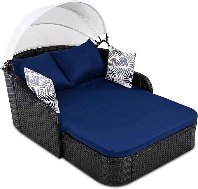 LUMISOL Outdoor Daybed with Retractable Canopy, PE Rattan Sunbed with Cushions, Double Lounge for Patio, Garden - Photo 5