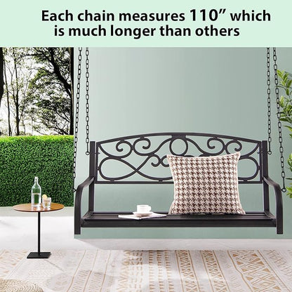 Giantex Metal Porch Swings 2 Person Outdoor Hanging Garden Bench with Sturdy Chains, Wide Seat & Curved Armrests, 485 Lbs Weight Capacity Swing Loveseat for Deck, Backyard Patio Swing Chair (Brown)