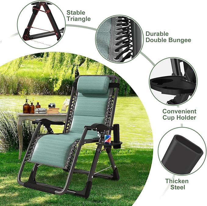 NAIZEA Padded Zero Gravity Chair, Cooling Fabric Folding Outdoor Lounge Chairs - Photo 5
