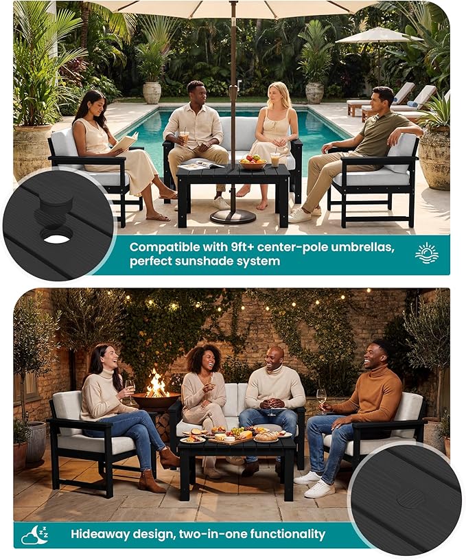 SERWALL Black HDPE Outdoor Loveseat with Khaki Cushions, All Weather Use Outdoor Loveseat Sofa - Photo 4
