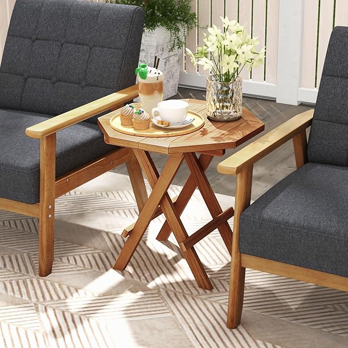 Tangkula Patio Folding Side Table, Teak Wood Octagon Coffee Table w/X-Shaped Legs & Slatted Tabletop, Portable & Compact Outdoor End Table for Backyard, Deck, Lawn