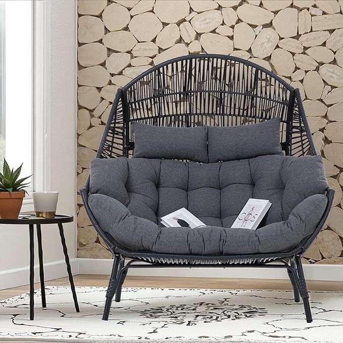 IRONCK Double Egg Chair Outdoor, 2 Person Wicker Lounge Chair, Oversized Thickened Padded Cushions and Headrests, 680 Lbs Egg Loveseat for Indoor, Patio, Living Room, Porch, Balcony, Dark Grey
