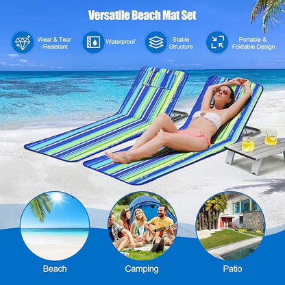 COSTWAY 3-Piece Beach Lounge Chairs, Outdoor Lounger with Side Table, 5 Reclining Positions, Lightweight & Portable Tanning Chairs for Sunbathing, Camping (Blue & Green)