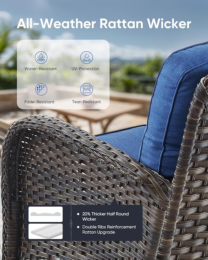 Outdoor Rocking Chairs Set of 2-Patio Table and Chairs Set Outdoor Conversation Furniture Sets for Deck Porch Garden Balcony Poolside-Brown/Blue