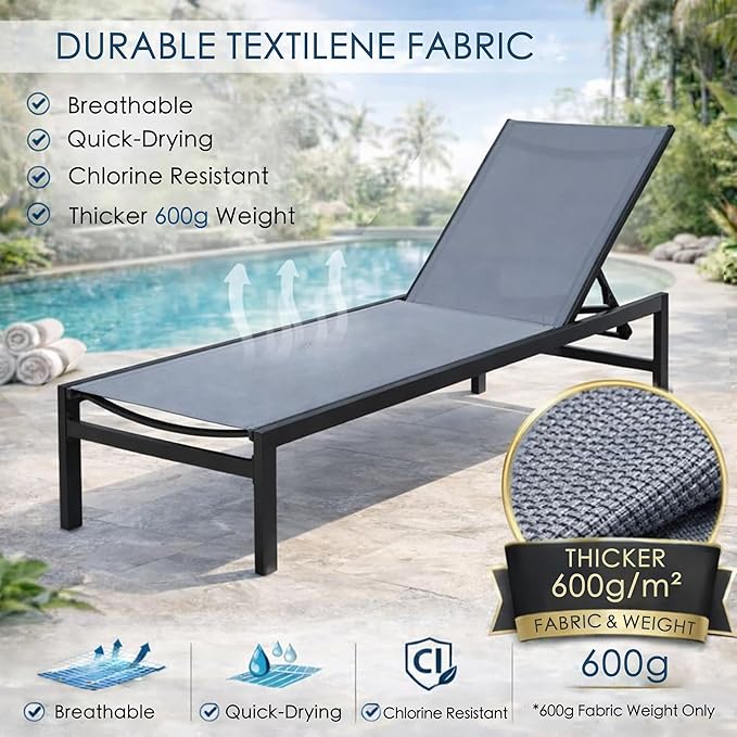 Kozyard Outdoor Chaise Lounge, Aluminum Frame and Textilene Fabric, Adjustable Reclining Patio Lounger for Poolside, Sunbathing & Backyard (Gray)