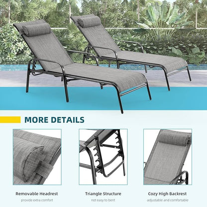 EROMMY Pool Chaise Lounge Chair Set of 2, Outdoor Lounge Chairs with Adjustable Backrest, Waterproof Upgraded Patio Lounge Chairs for Beach Yard Poolside