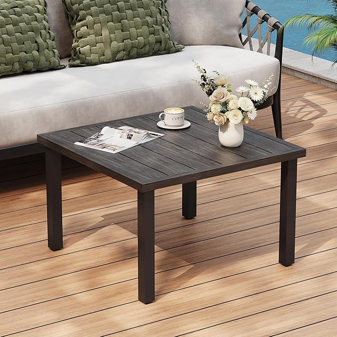 ONBRILL Small Outdoor Coffee Table, 28 Inch Square Patio Coffee Table, Metal Coffee Table for Porch, Backyard, Poolside, Balcony - Brown