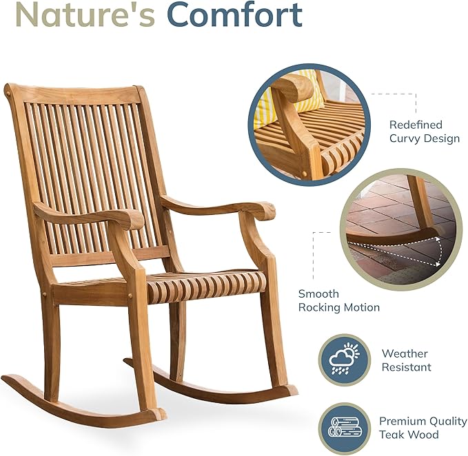 Cambridge Casual Mosko Teak Wooden Rocking Chair, Durable Outdoor Rocker for Patio, Deck, and Porch – Stylish and Comfortable Wooden Rocking Chair for Relaxing in Outdoor Spaces