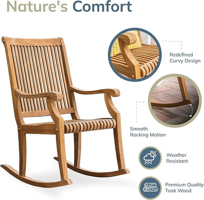 Cambridge Casual Mosko Teak Wooden Rocking Chair, Durable Outdoor Rocker for Patio, Deck, and Porch – Stylish and Comfortable Wooden Rocking Chair for Relaxing in Outdoor Spaces