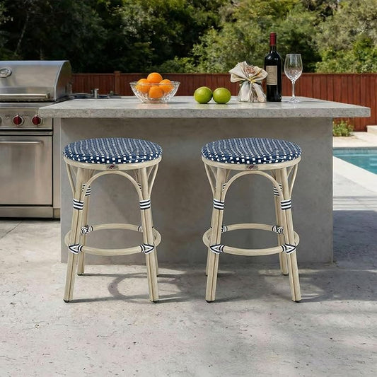 PURPLE LEAF Outdoor French Round 26" Counter Stool Set of 2 Large Woven Wicker Backless Armless Barstool White Print Aluminum Frame for Patio Island Kitchen Cafe Rattan Chairs Deep Blue