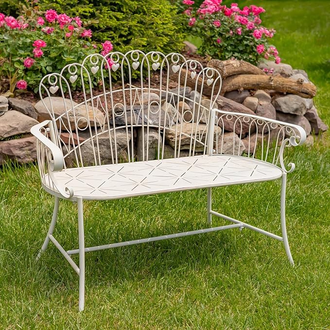 Zaer Ltd. Vintage Style Metal Patio Furniture with Heart Design Accents, Outdoor/Indoor Decor (Distressed White, Set of 3 (Bench, Table, Chair))