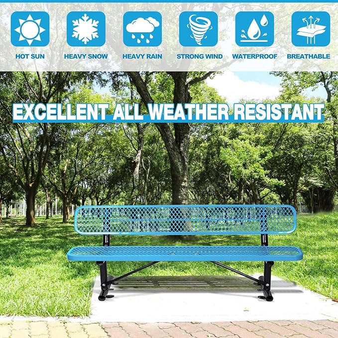 8FT/96INCH Heavy Duty Metal Park Bench for Outside, Outdoor Garden Benches with Backrest & Portable Frame, Expanded Metal Mesh Bench for Shopping Malls, Lawn, Park, Deck, Patio, Porch, Blue