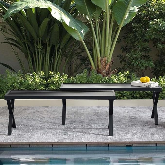 Metal Garden Bench for Outdoors, Set of 2, Black Outdoor Benches Slats for Patio, Patio Backless Bench with Cross Leg,Dining Bench for Porch, Lawn, Balcony, Backyard and Park