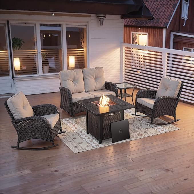 Belord 5 Pieces Patio Furniture Set with 50000 BTU Propane Fire Pit Table, All-Weather Patio Rocking Chairs - Photo 2