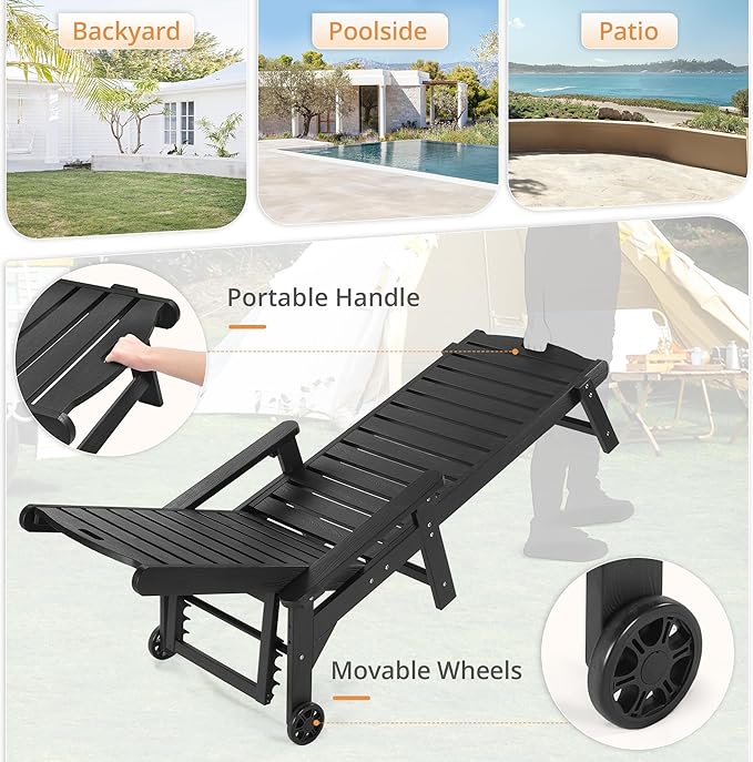 LUE BONA HDPS Chaise Lounge Chair Set of 2, Outdoor Pool Lounge Chairs with Adjustable Backrest, Resin Patio Lounge Chairs with Wheels for Outside, Poolside, Black