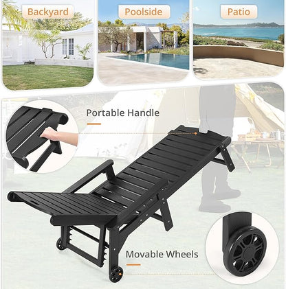 LUE BONA HDPS Chaise Lounge Chairs Set with Table, 3-Piece, Outdoor Pool Lounge Chair with Adjustable Backrest, Resin Patio Lounge Chairs with Wheels for Outside, Poolside, Black