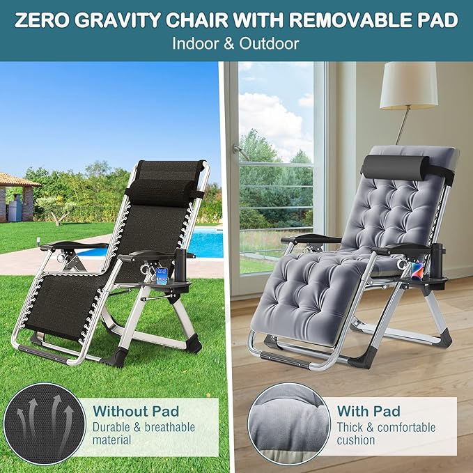 NAIZEA Padded Zero Gravity Chair, Folding Outdoor Lounge Chairs, Adjustable Reclining Camping Chairs with Cup Holder - Photo 5